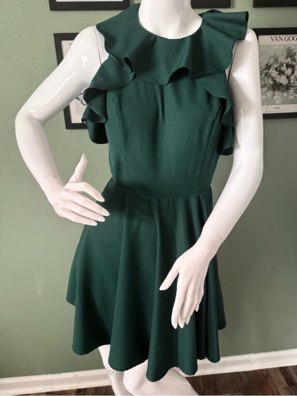 Altar'd State Forest Green Ruffle Neck Fit & Flare Mini Dress